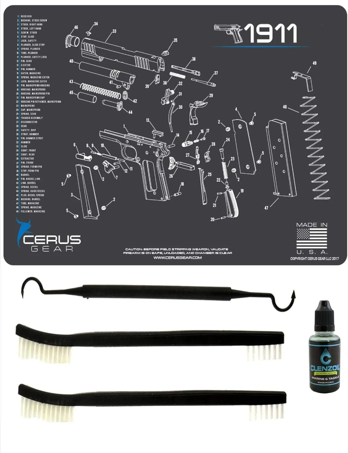 1911 5 PC EDOG Cerus Gear Schematic (Exploded View) Heav Duty Pistol Cleaning 12x17 Padded Gun-Work Surface Protector Mat Solvent & Oil Resistant & 3 PC Cleaning Essentials & Clenzoil