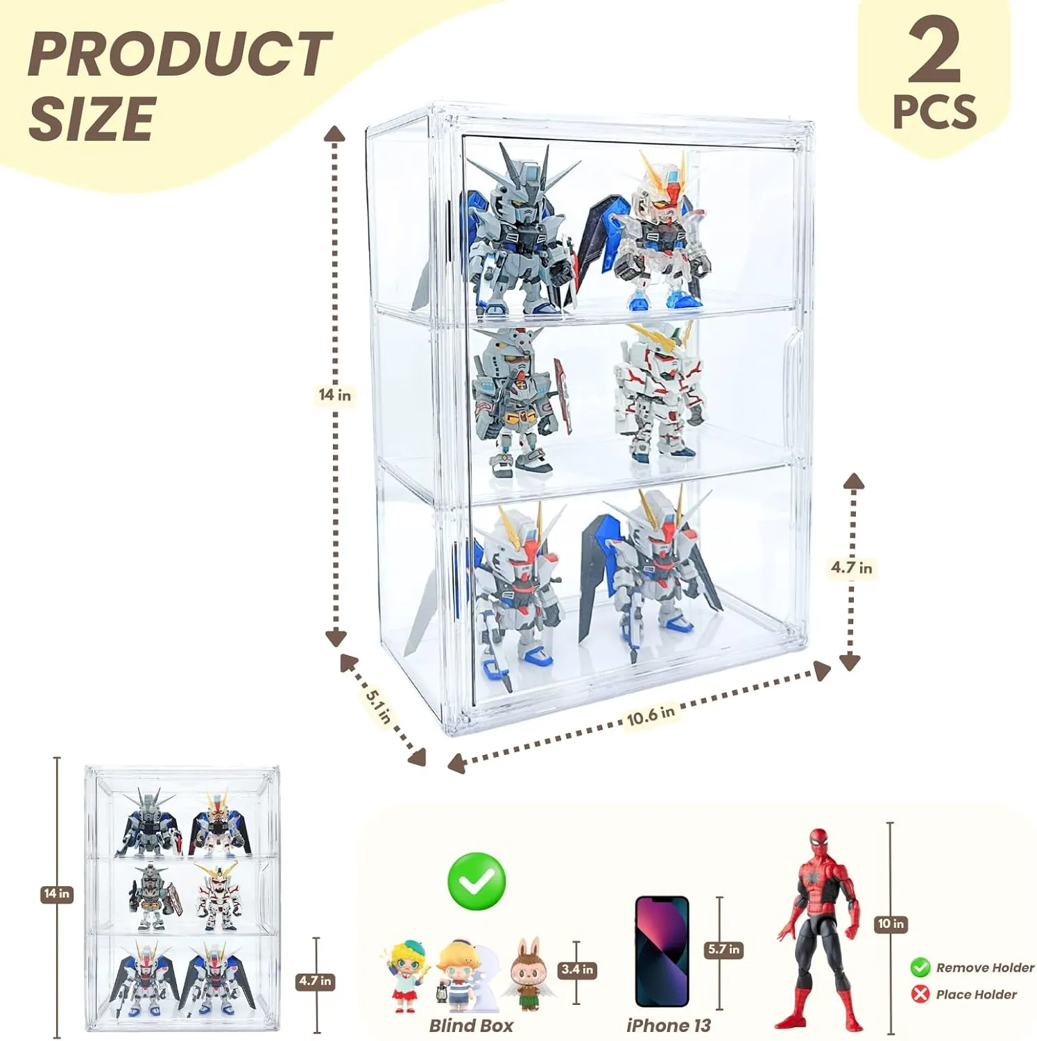 2 Pack Acrylic Display Case, 2/3 Layer Adjustable Figure Display Case, Wall-Mounted Dustproof Showcase for Collectibles Action Figure (2, 3 Tiers)