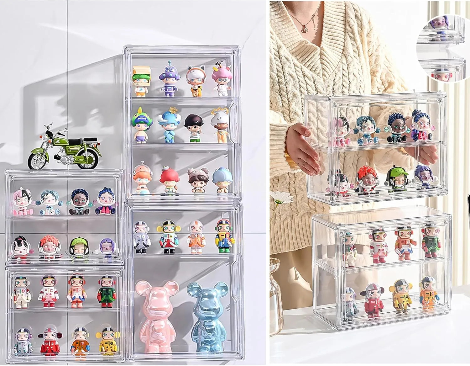 2 Pack Acrylic Display Case, 2/3 Layer Adjustable Figure Display Case, Wall-Mounted Dustproof Showcase for Collectibles Action Figure (2, 3 Tiers)