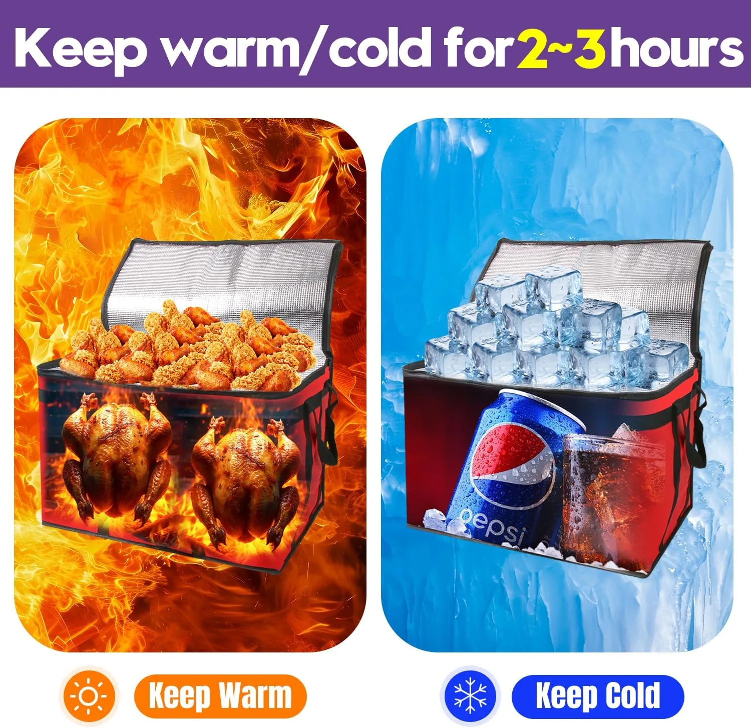2 Pack Insulated Food Delivery Bag Purple Pizza Delivery Bags for Hot & Cold Food, Large Capacity Reusable Warming Bag Catering Cooler Bag for Party