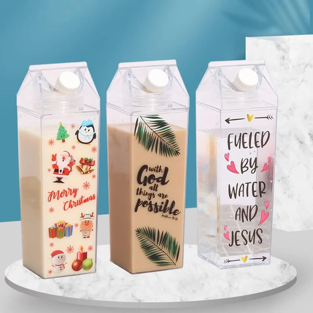 2 Pack Milk Carton Water Bottle, 34oz/1000ml Clear Plastic Milk Box Water Bottle, Portable Square Juice Bottle for Outdoor Sports Travel Camping, BPA Free Eco-Friendly Material