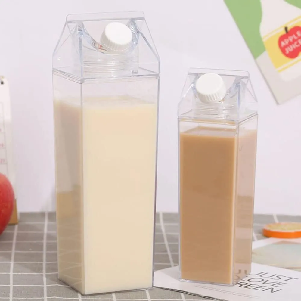 2 Pack Milk Carton Water Bottle, 34oz/1000ml Clear Plastic Milk Box Water Bottle, Portable Square Juice Bottle for Outdoor Sports Travel Camping, BPA Free Eco-Friendly Material