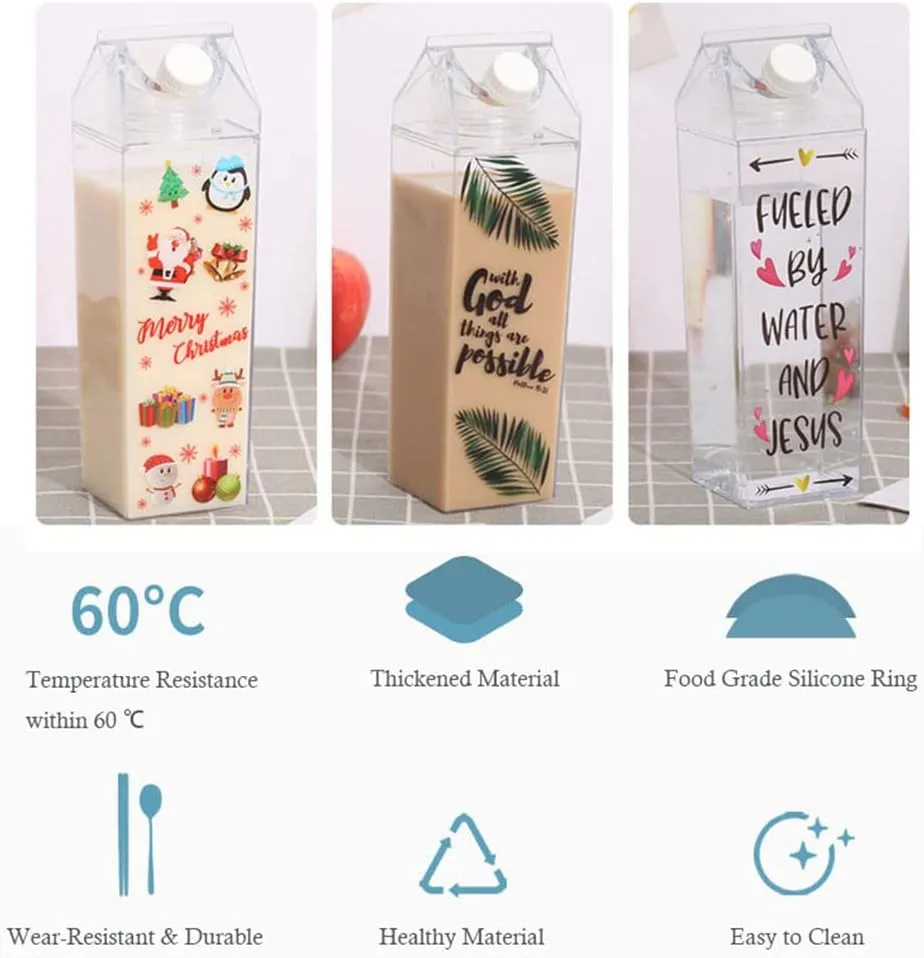 2 Pack Milk Carton Water Bottle, 34oz/1000ml Clear Plastic Milk Box Water Bottle, Portable Square Juice Bottle for Outdoor Sports Travel Camping, BPA Free Eco-Friendly Material