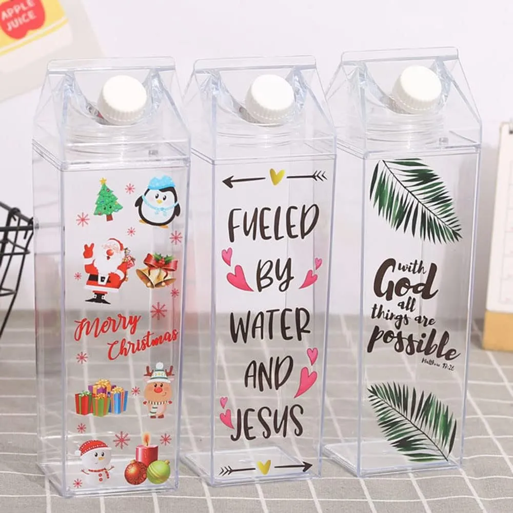 2 Pack Milk Carton Water Bottle, 34oz/1000ml Clear Plastic Milk Box Water Bottle, Portable Square Juice Bottle for Outdoor Sports Travel Camping, BPA Free Eco-Friendly Material