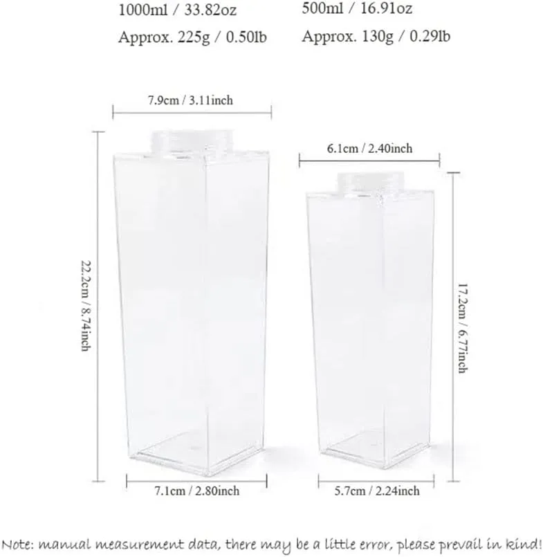2 Pack Milk Carton Water Bottle, 34oz/1000ml Clear Plastic Milk Box Water Bottle, Portable Square Juice Bottle for Outdoor Sports Travel Camping, BPA Free Eco-Friendly Material