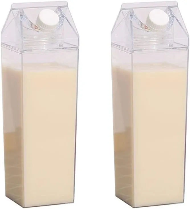 2 Pack Milk Carton Water Bottle, 34oz/1000ml Clear Plastic Milk Box Water Bottle, Portable Square Juice Bottle for Outdoor Sports Travel Camping, BPA Free Eco-Friendly Material