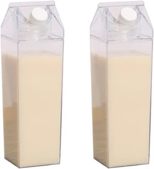 2 Pack Milk Carton Water Bottle, 34oz/1000ml Clear Plastic Milk Box Water Bottle, Portable Square Juice Bottle for Outdoor Sports Travel Camping, BPA Free Eco-Friendly Material