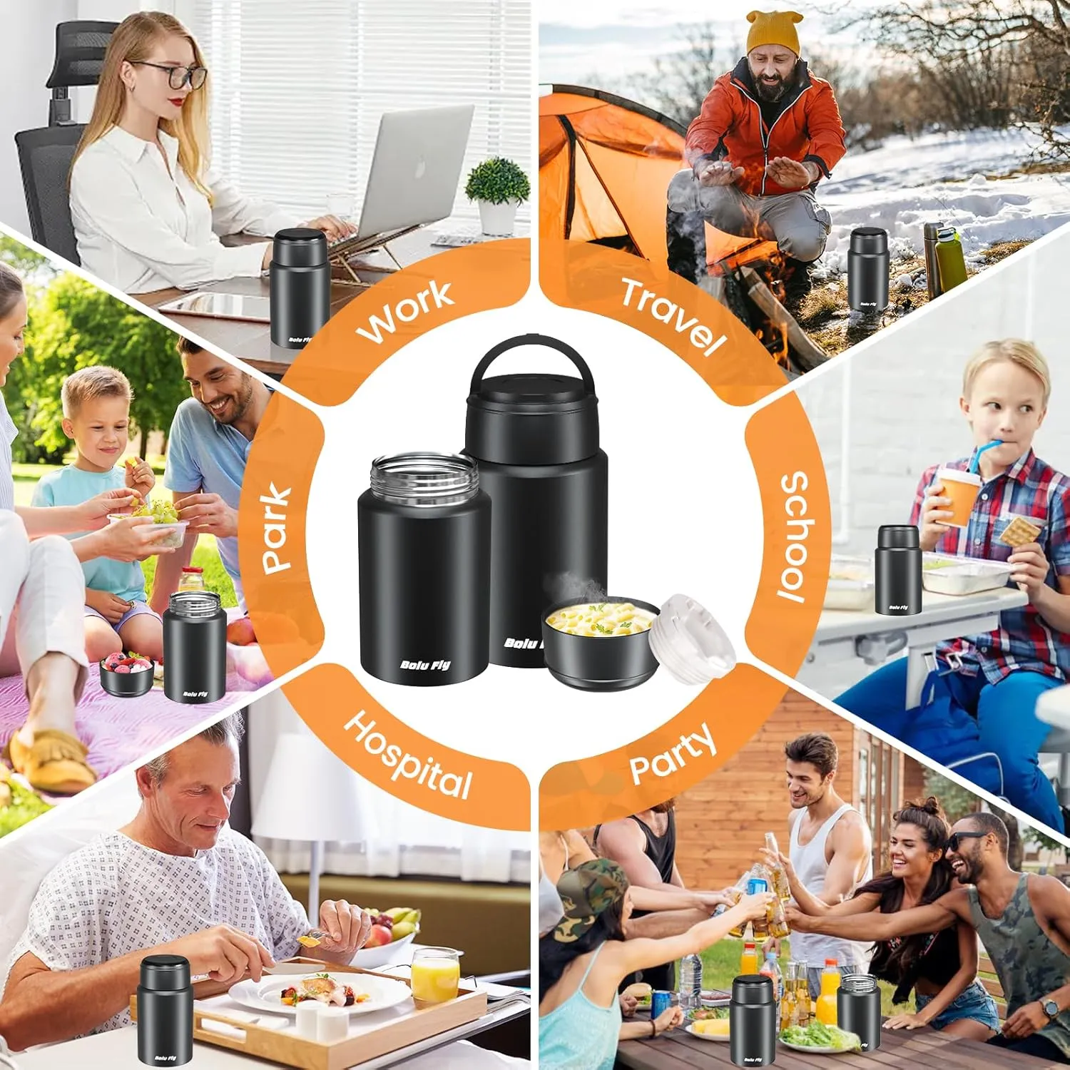 2 Pack Soup Thermo for Hot & Cold Food for Adults, Insulated Food Jar, Stainless Steel Vacuum Thermal Lunch Box Containers with Carry Bag and Spoon (18.5oz, 27oz) (Black)