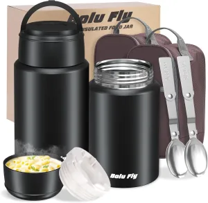 2 Pack Soup Thermo for Hot & Cold Food for Adults, Insulated Food Jar, Stainless Steel Vacuum Thermal Lunch Box Containers with Carry Bag and Spoon (18.5oz, 27oz) (Black)