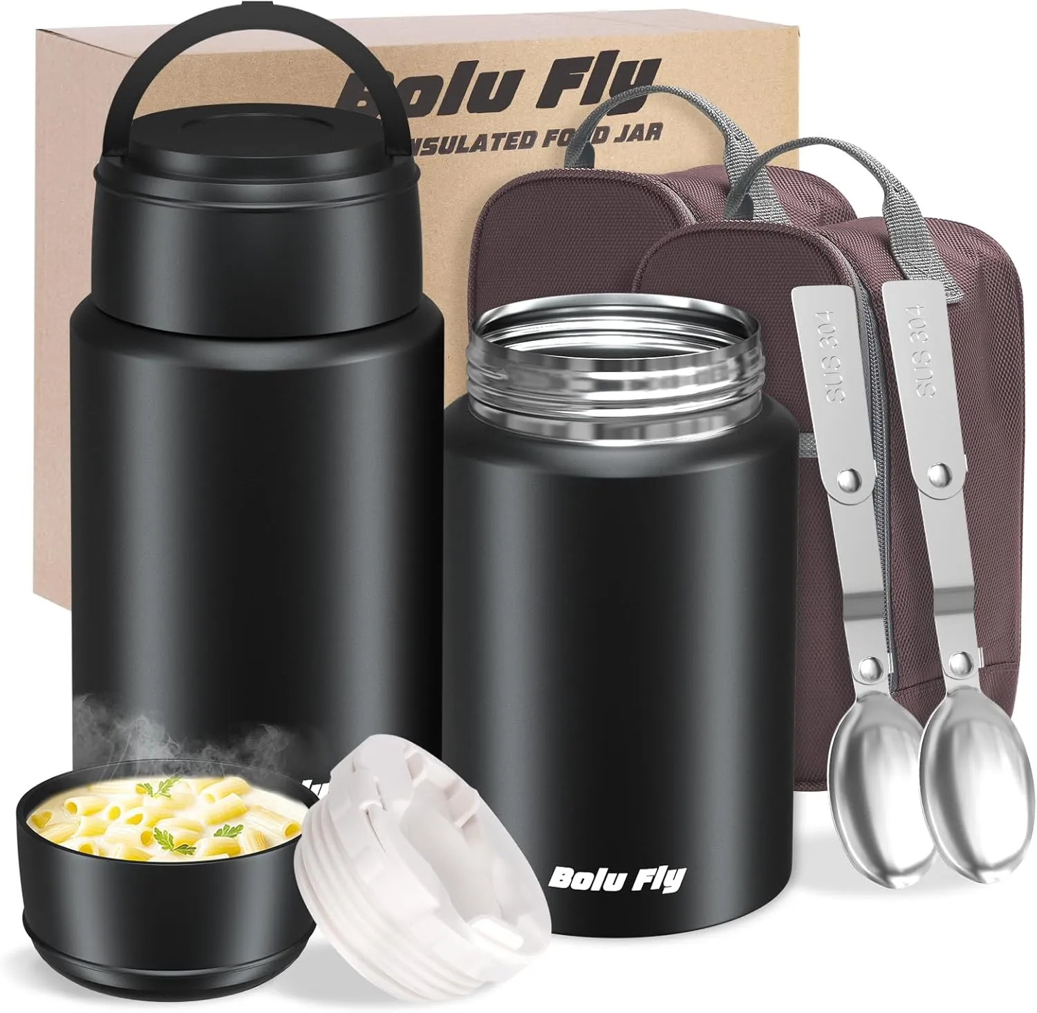 2 Pack Soup Thermo for Hot & Cold Food for Adults, Insulated Food Jar, Stainless Steel Vacuum Thermal Lunch Box Containers with Carry Bag and Spoon (18.5oz, 27oz) (Black)