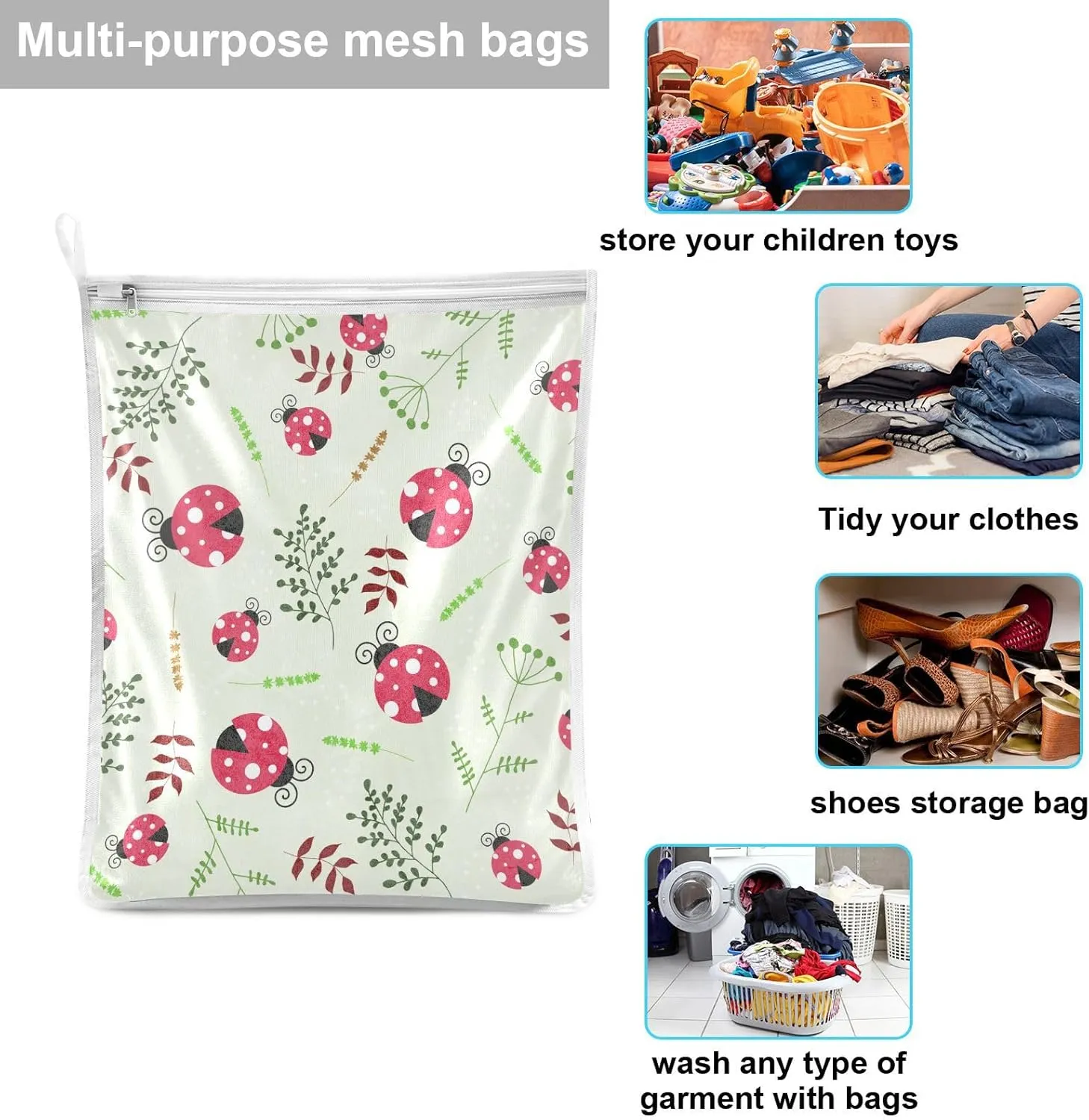 2 Pcs Mesh Laundry Bags Delicates Laundry Bag with Zipper Dirty Clothes Travel Bag,for Laundry Washing Machine Bra Hosiery Underwear Beige Ladybug