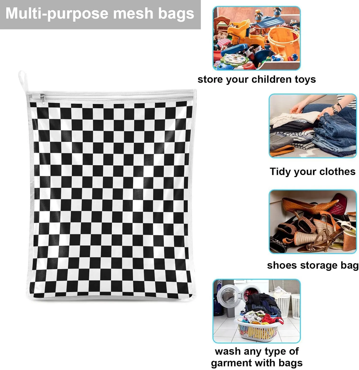 2 Pcs Mesh Laundry Bags Delicates Laundry Bag with Zipper Dirty Clothes Travel Bag,for Laundry Washing Machine Bra Hosiery Underwear Black White Plaid Pattern