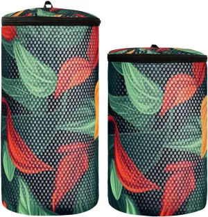 2 Pcs(S   M Size) Mesh Cylinder Laundry Bags Artsy Leaves Green Red Polyester Reusable Machine Washable Mesh Bags, Dirty Bag for Home Travel