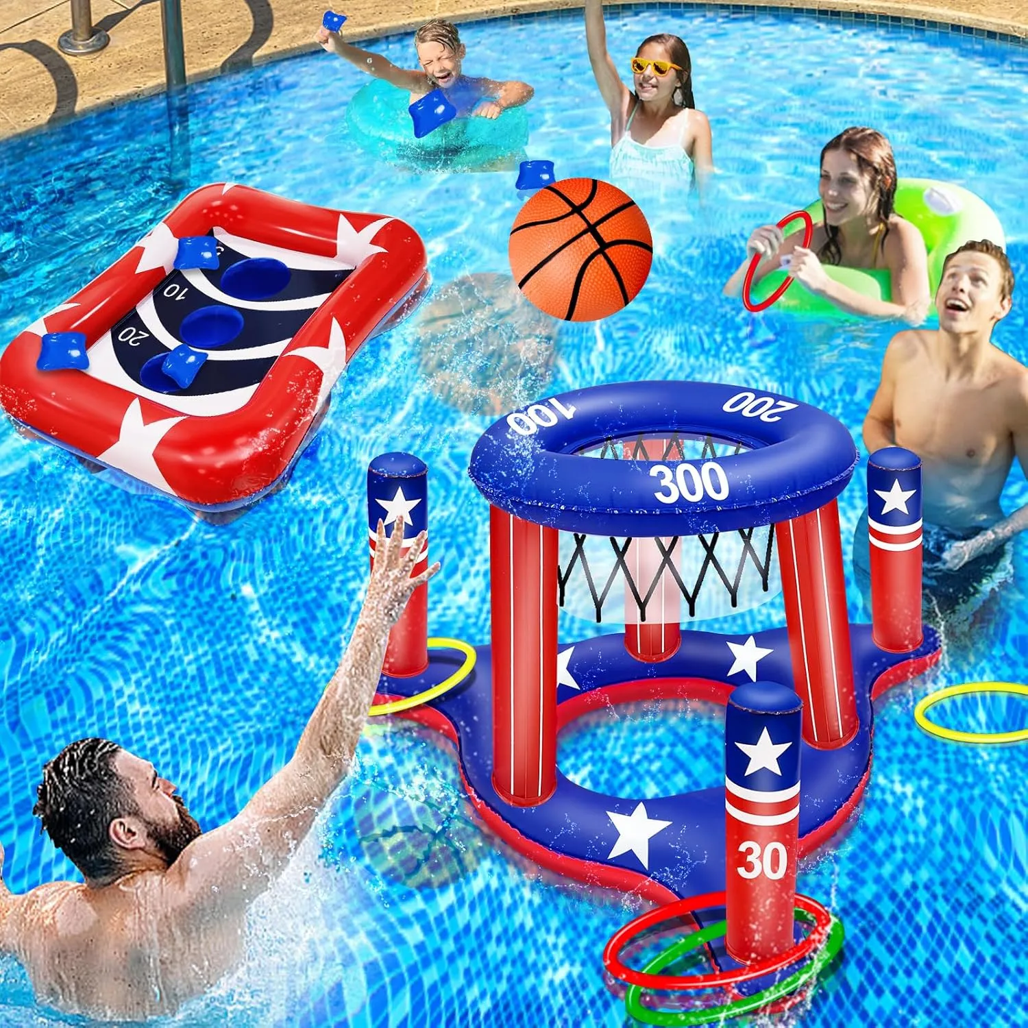 2 Set Pool Toys for Kids Adult, 2 in 1 Inflatable Pool Basketball Hoops & Ring Toss Game and Inflatable Pool Cornhole Toys with 6 Bean Bags for Famliy Summer Patriotic Outdoor Pool Party
