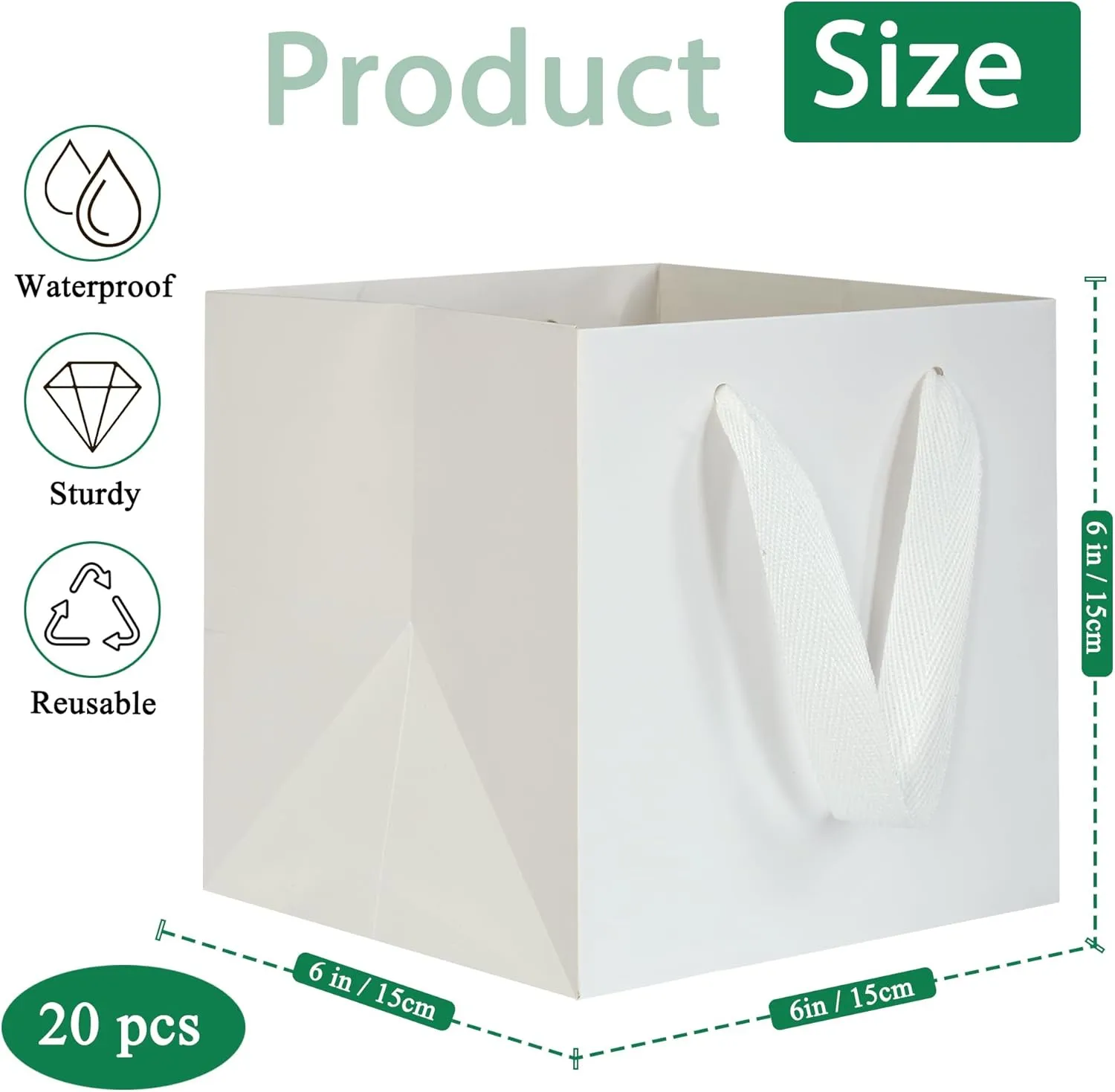 20 CT White Paper Bags Square Gift Bags with Handles 6x6 inch Small Square Bottom Kraft Paper Gift Bags White Party Favor Bags for Wedding Birthday Christmas Shopping Business (6x6x6 in, White)