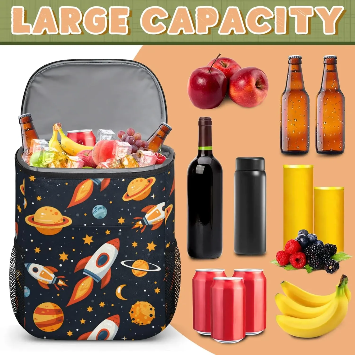20-Hour Insulated Backpack Cooler Spaceship Cartoon Rocket Leakproof Cooler Bag Portable Cooler Backpack