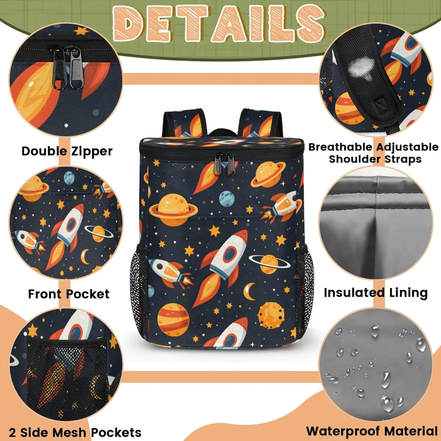20-Hour Insulated Backpack Cooler Spaceship Cartoon Rocket Leakproof Cooler Bag Portable Cooler Backpack