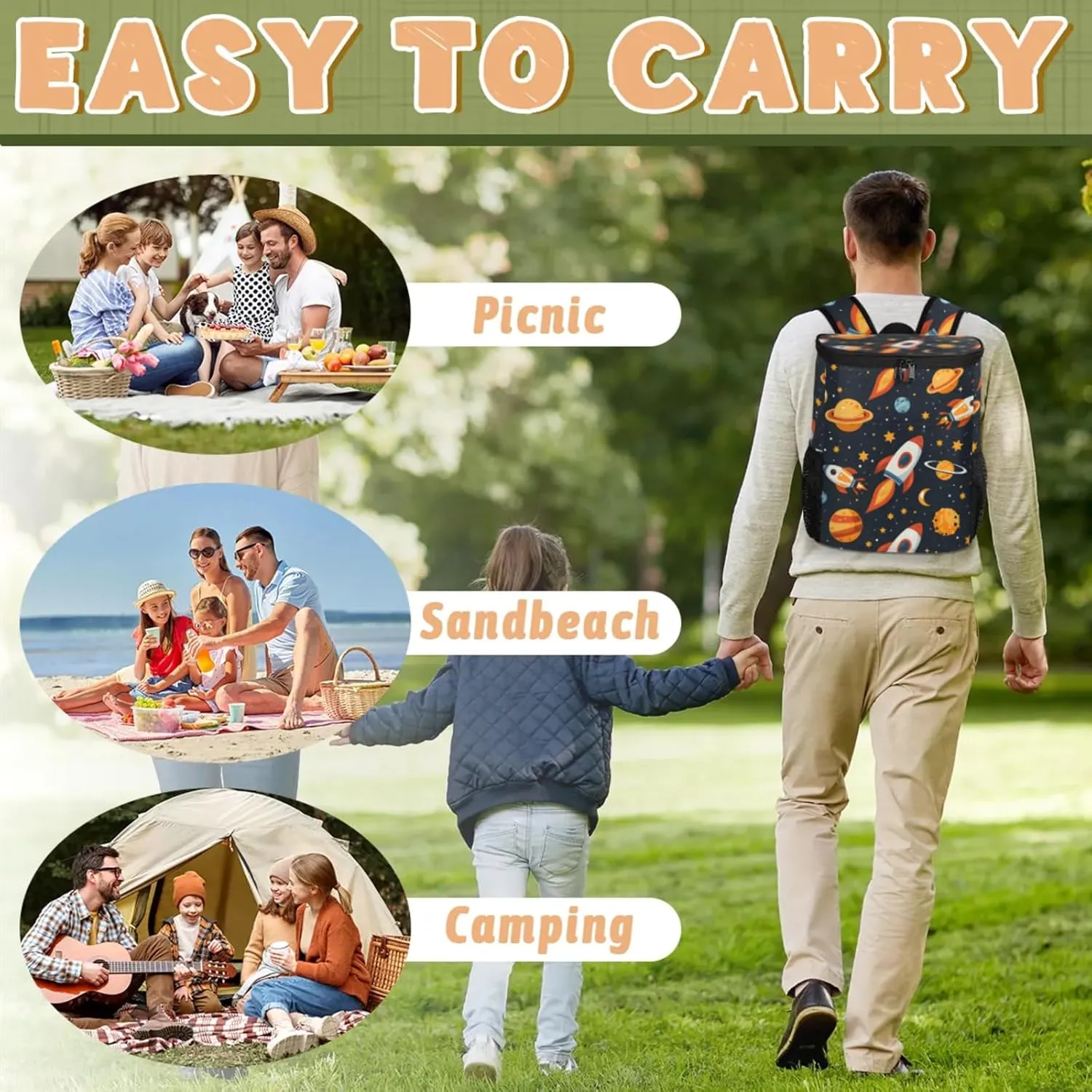 20-Hour Insulated Backpack Cooler Spaceship Cartoon Rocket Leakproof Cooler Bag Portable Cooler Backpack