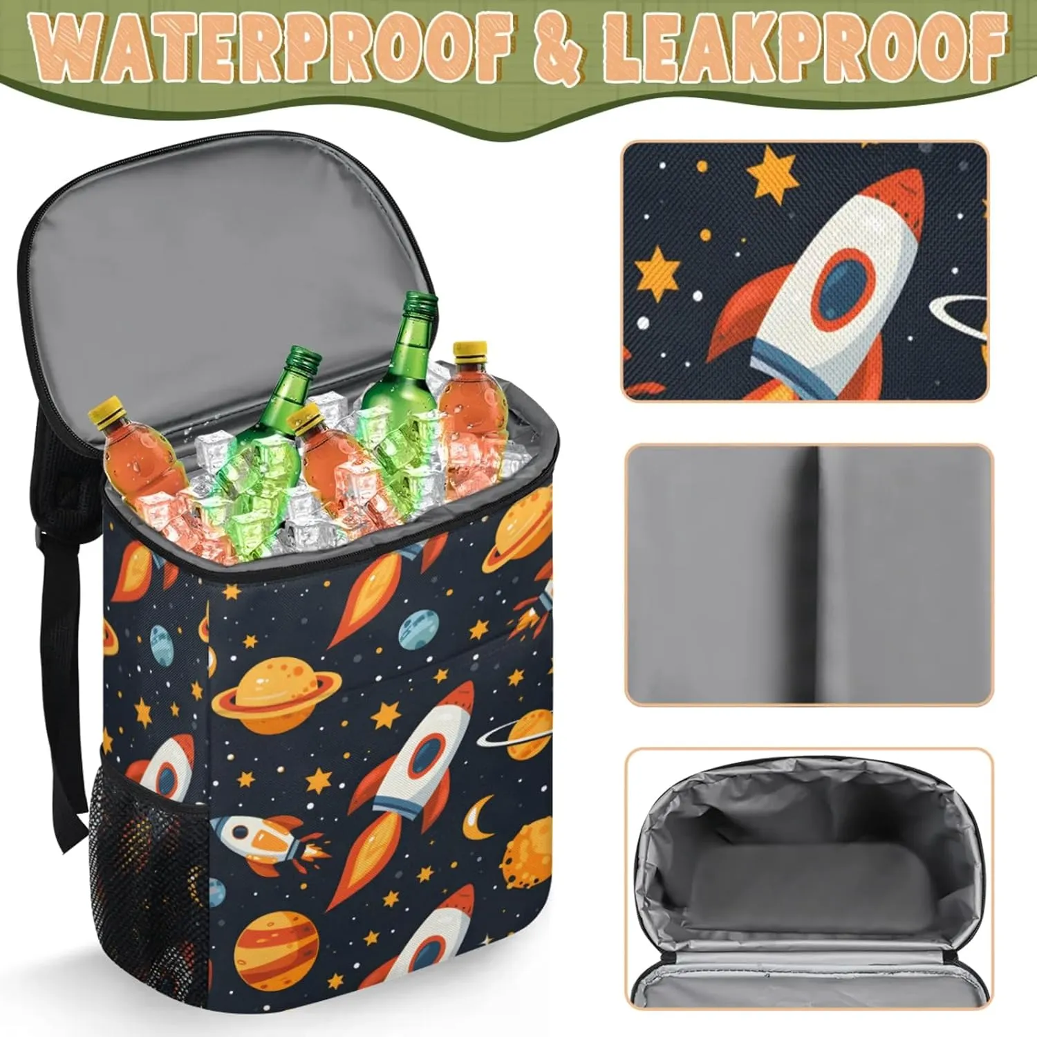 20-Hour Insulated Backpack Cooler Spaceship Cartoon Rocket Leakproof Cooler Bag Portable Cooler Backpack