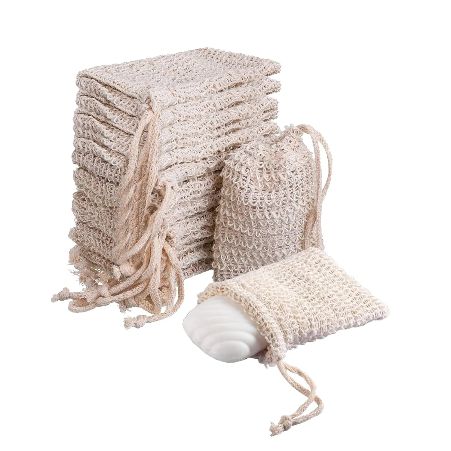 20 Pack Soap Bags, soap saver bag，Natural Cotton Linen Soap Saving Bags Mesh Plastic Free Exfoliating Foaming and Drying Shower Soap Holder (Cotton Knotting)