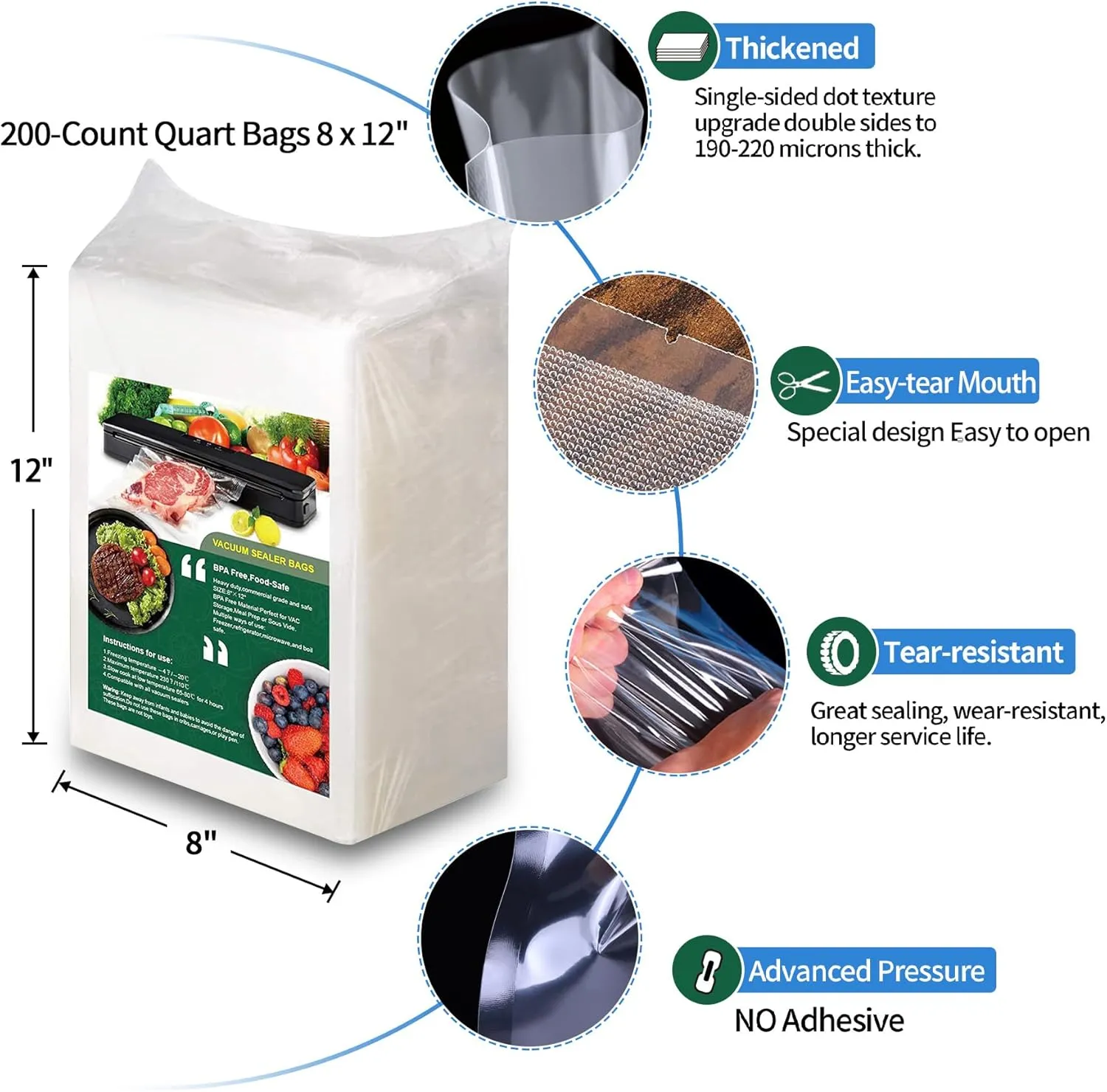 200 Vacuum Sealer Bags For Food, 8x12 Inch Thick BPA Free Vacuum Sealer Storage Bags, Compatible with All Vac Machines, Food Saver, Seal a Meal, Weston, Commercial Grade Precut Prep Sous Vide Bags