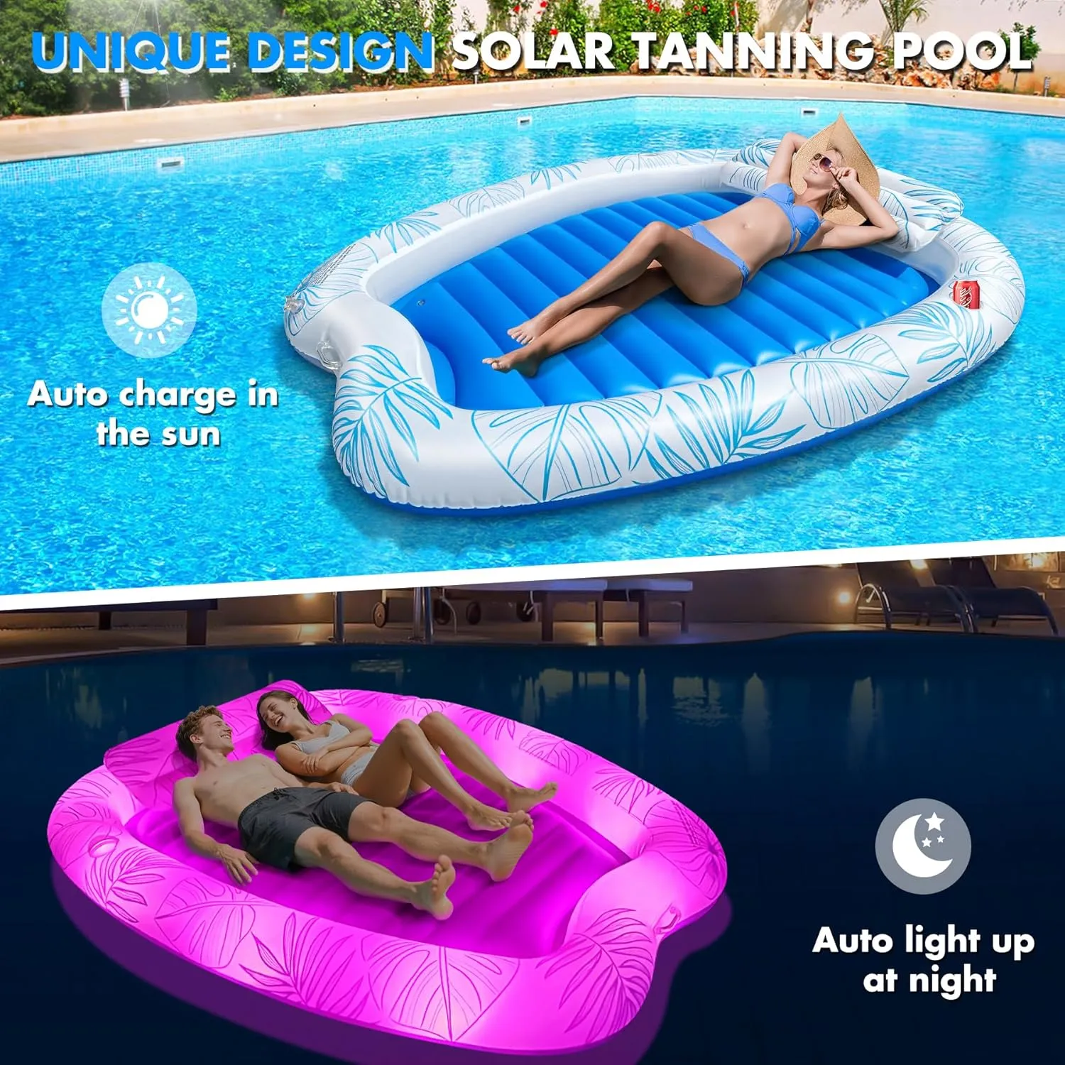 2025 Deluxe Inflatable Tanning Pool for 2 Person, 90x67Inch Tanning Pool Lounger Float for Adults, Blow Up Tanning Water Bed Suntan Tub with Cup Holders, Personal Sunbathing Pools- White
