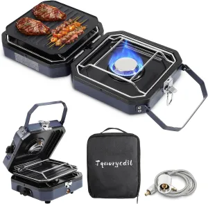 2025 Upgraded 2-Burner Folding Propane Camp Stove - 16K BTU Portable Camping Stove w/Piezo Ignition, Griddle & Carry Bag for Tailgating, Barbecue (Blue)