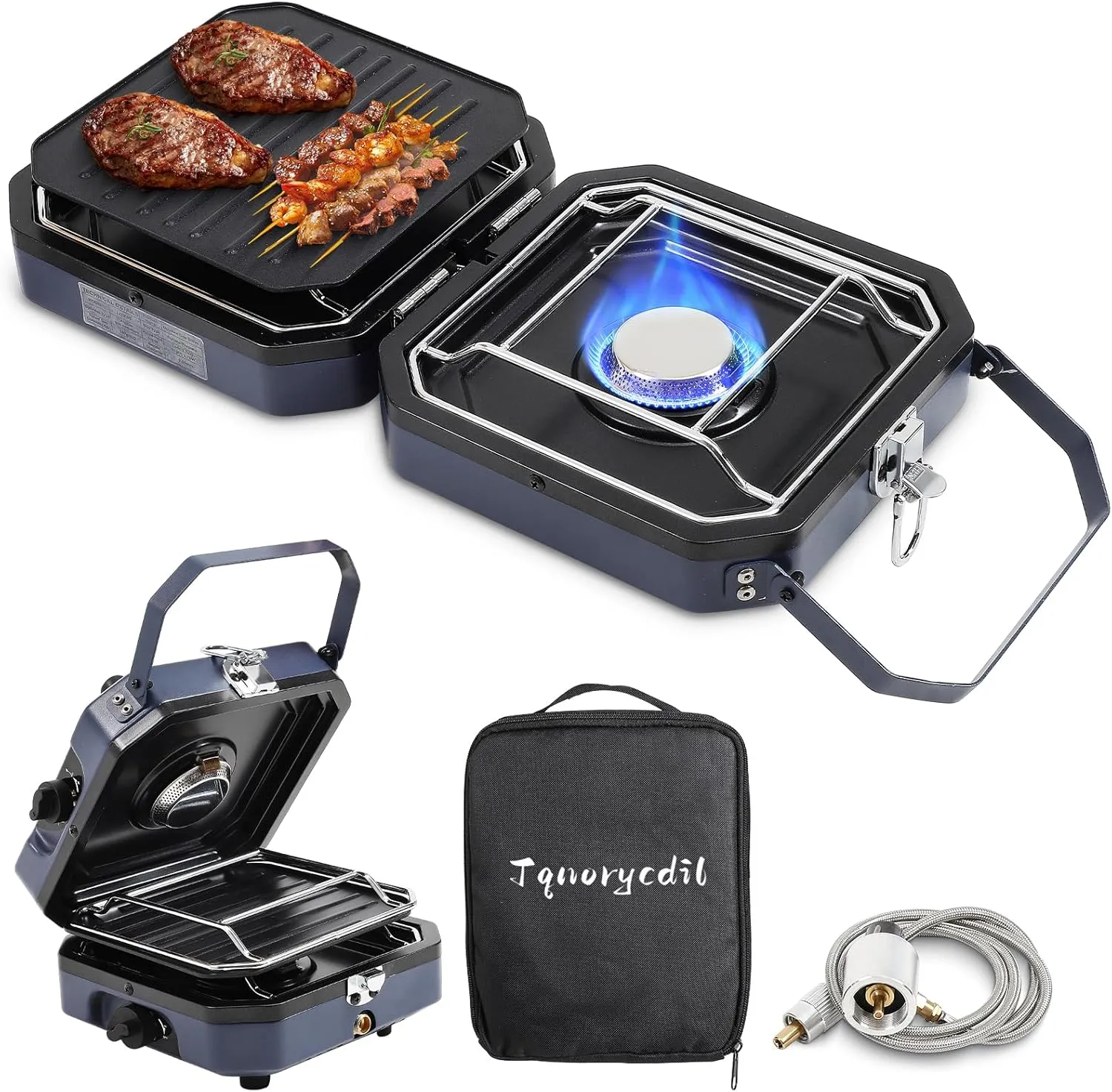 2025 Upgraded 2-Burner Folding Propane Camp Stove - 16K BTU Portable Camping Stove w/Piezo Ignition, Griddle & Carry Bag for Tailgating, Barbecue (Blue)
