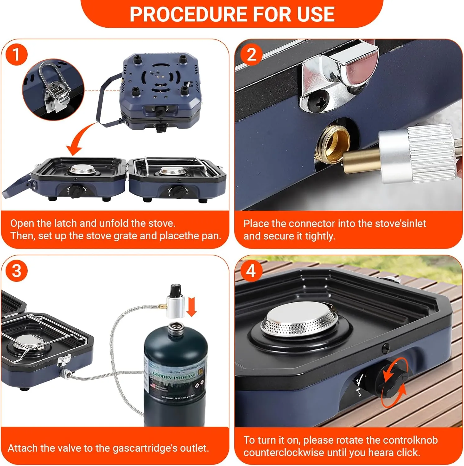 2025 Upgraded 2-Burner Folding Propane Camp Stove - 16K BTU Portable Camping Stove w/Piezo Ignition, Griddle & Carry Bag for Tailgating, Barbecue (Blue)