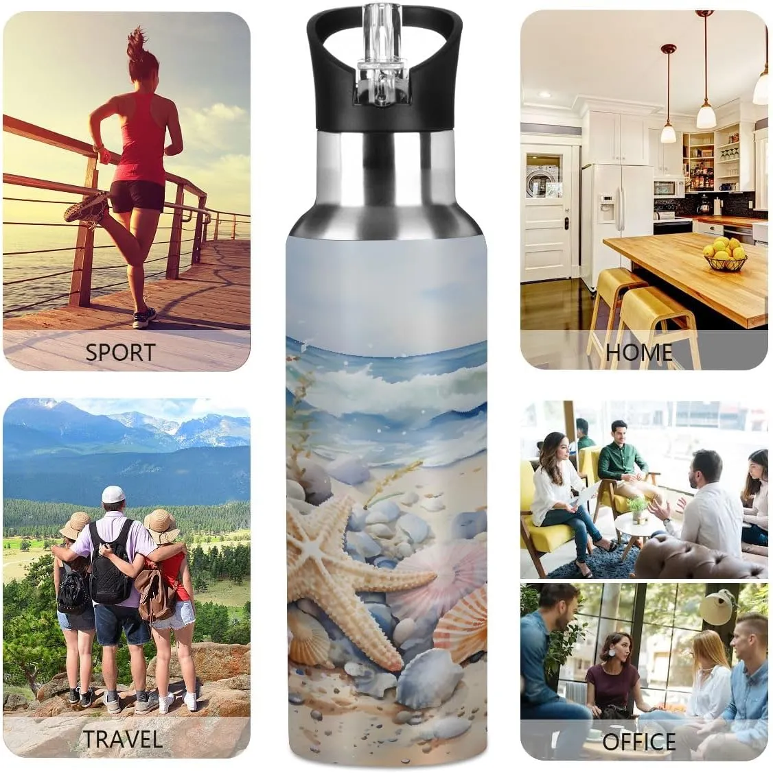 20oz Insulated Water Bottle with Straw, Stainless Steel Double Wall Vacuum Flask for Gym, Hiking, Travel - Beach Starfish Shells Waves Leakproof Sports Bottle (600ml)