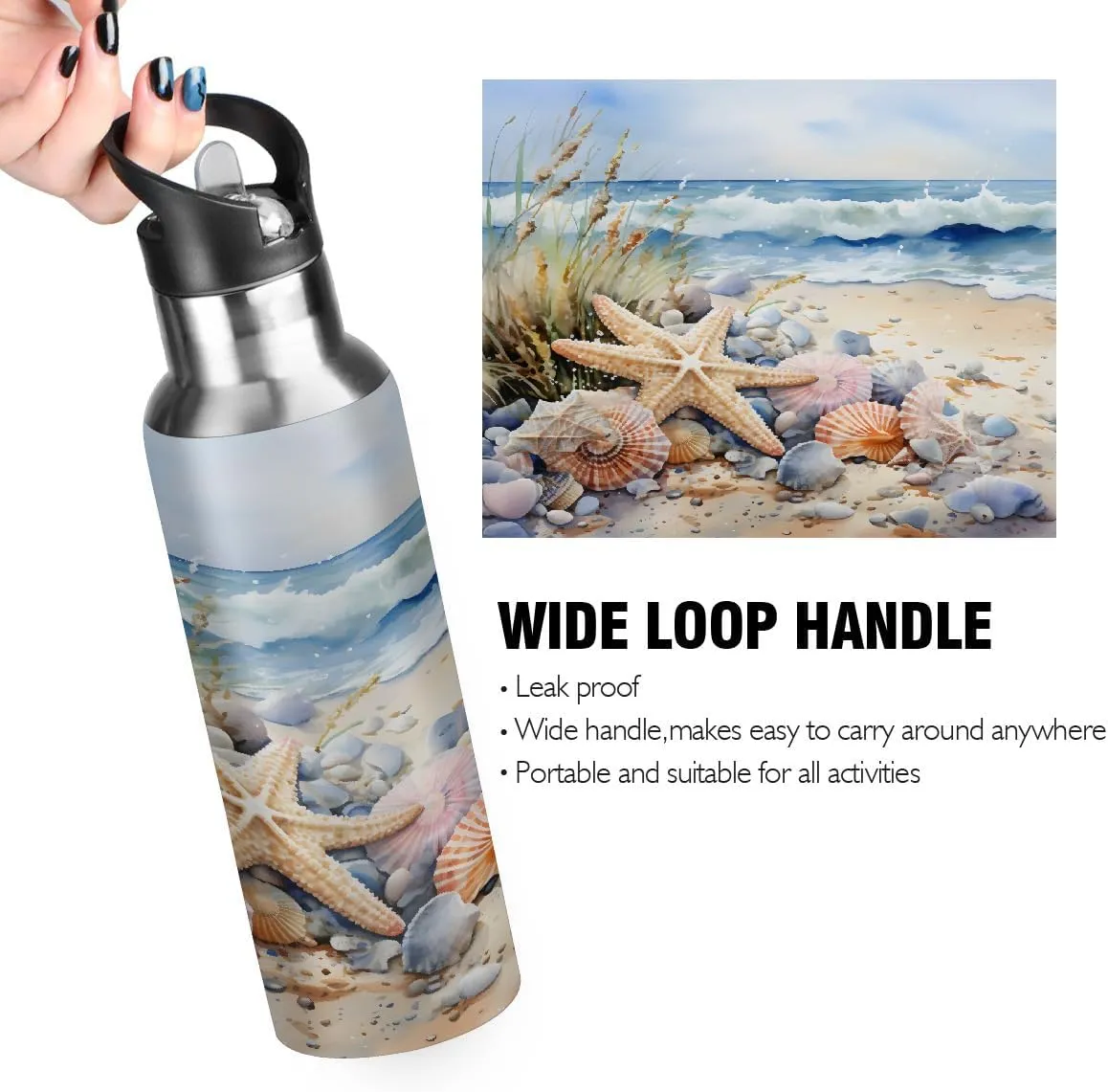 20oz Insulated Water Bottle with Straw, Stainless Steel Double Wall Vacuum Flask for Gym, Hiking, Travel - Beach Starfish Shells Waves Leakproof Sports Bottle (600ml)