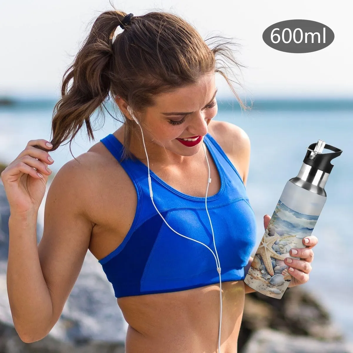 20oz Insulated Water Bottle with Straw, Stainless Steel Double Wall Vacuum Flask for Gym, Hiking, Travel - Beach Starfish Shells Waves Leakproof Sports Bottle (600ml)