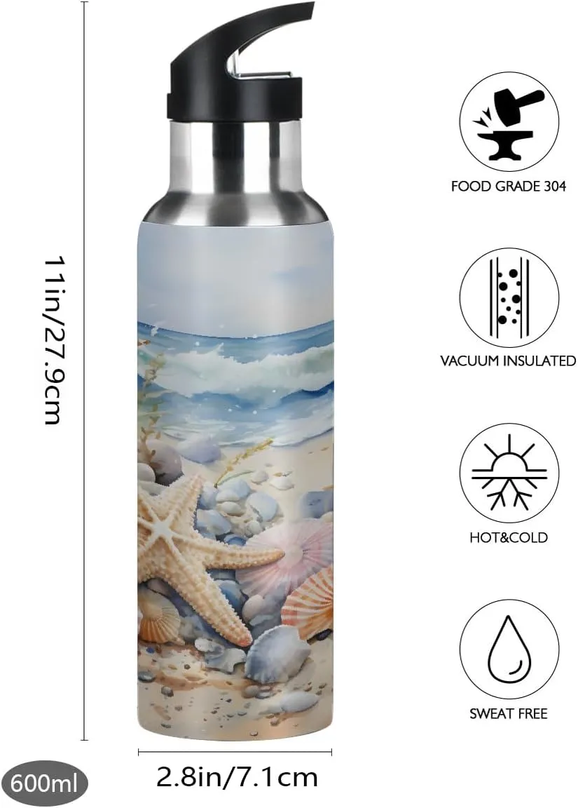 20oz Insulated Water Bottle with Straw, Stainless Steel Double Wall Vacuum Flask for Gym, Hiking, Travel - Beach Starfish Shells Waves Leakproof Sports Bottle (600ml)