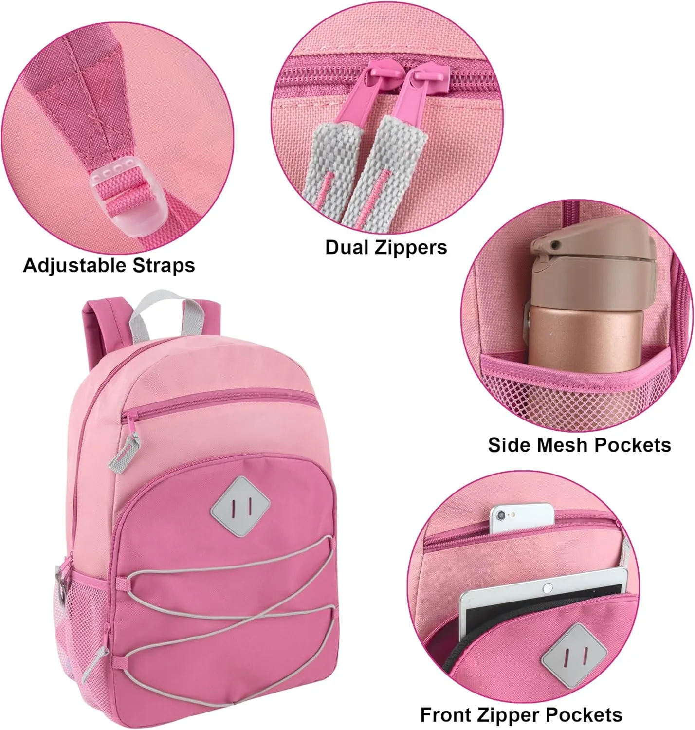 24 Pack Bulk Backpacks Wholesale for Homeless Men, Women, Donation | 17 Inch Dual Compartment Bungee Backpacks with Pockets (Pastel Colors Pack)