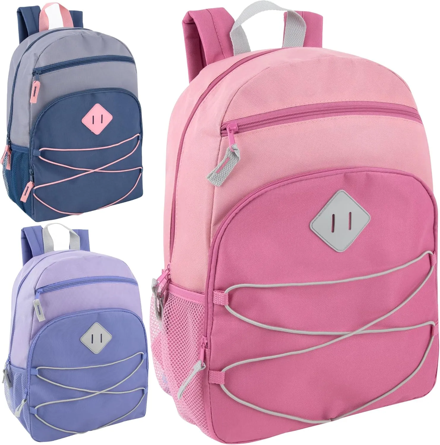 24 Pack Bulk Backpacks Wholesale for Homeless Men, Women, Donation | 17 Inch Dual Compartment Bungee Backpacks with Pockets (Pastel Colors Pack)