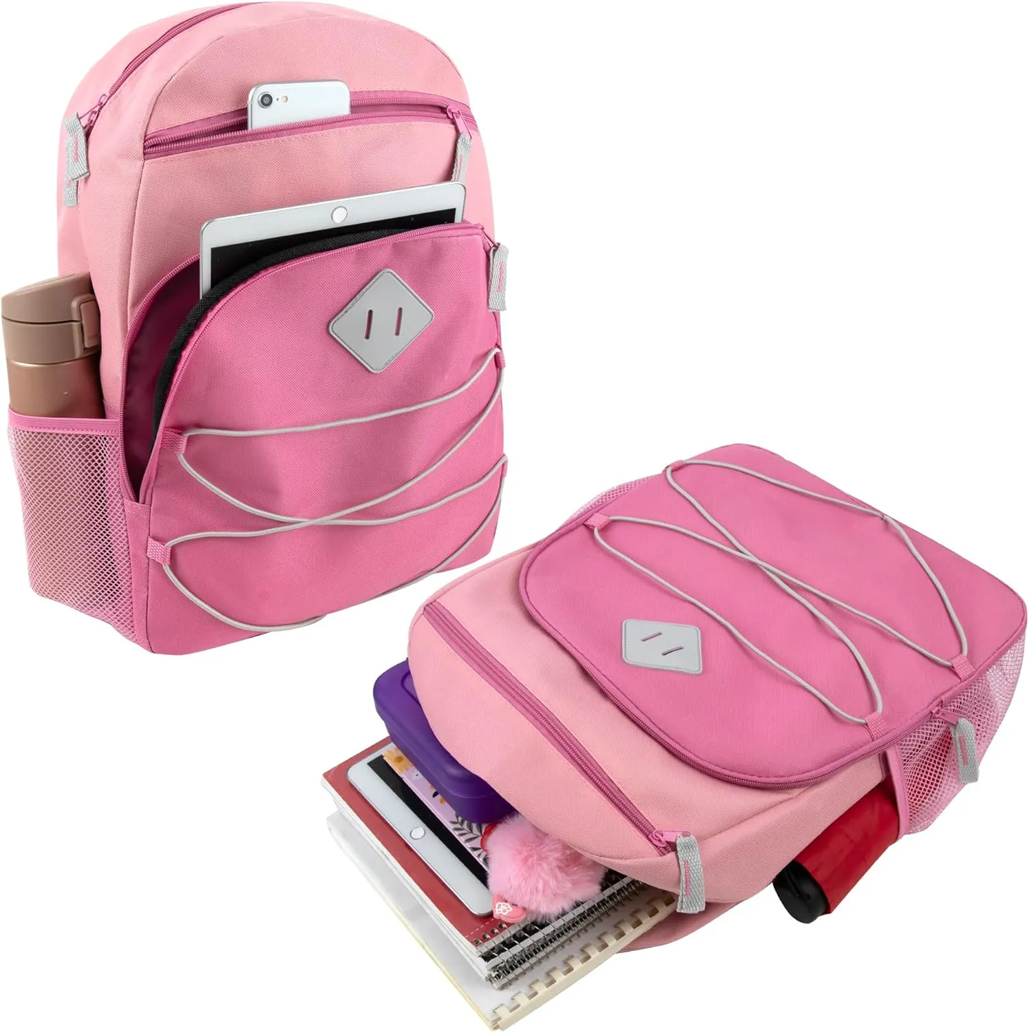 24 Pack Bulk Backpacks Wholesale for Homeless Men, Women, Donation | 17 Inch Dual Compartment Bungee Backpacks with Pockets (Pastel Colors Pack)