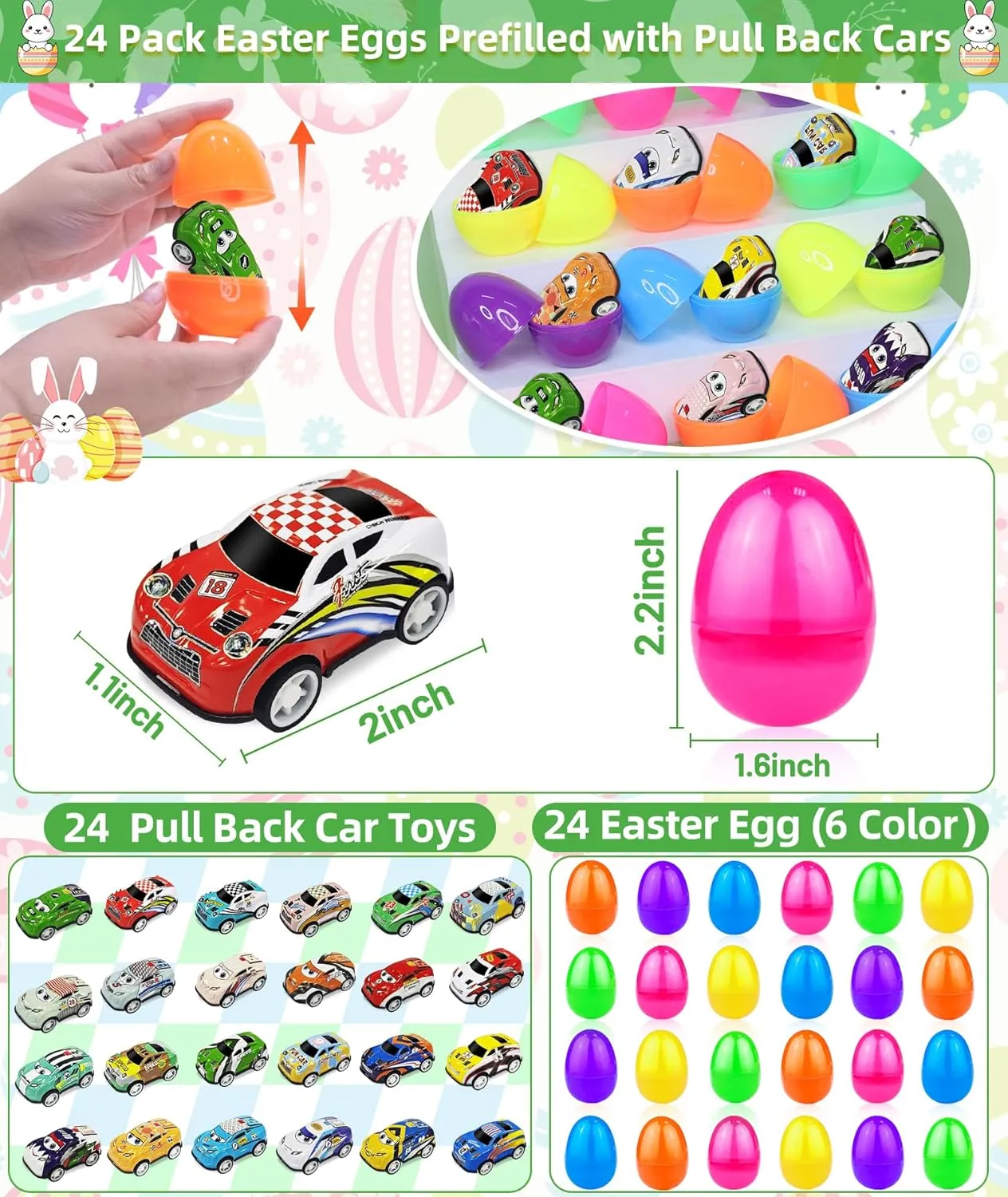 24 Pack Prefilled Easter Eggs Pull Back Cars, Easter Basket Essential Toys Colorful Racing Vehicle for Kids Boys Toddlers Egg Hunt Basket Stuffers Filler Surprise Egg Hunt Party Favor Classroom Prize