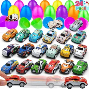 24 Pack Prefilled Easter Eggs Pull Back Cars, Easter Basket Essential Toys Colorful Racing Vehicle for Kids Boys Toddlers Egg Hunt Basket Stuffers Filler Surprise Egg Hunt Party Favor Classroom Prize