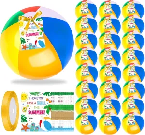 24 Set End of Year Student Gifts for Student from Teacher- Inflatable Summer Rainbow Beach Balls Bulk with Gift Cards, Hawaiian Party Decorations, Swimming Pool Party Supplies