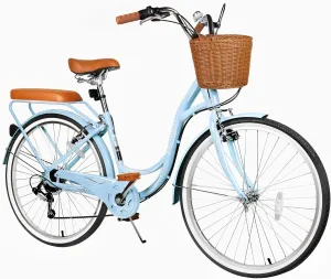 26 Inch Beach Cruiser Bike, 7-Speed Ladies Bike with Basket & Rack, Ideal City Bicycle for Women and Adults, Perfect for Commuting and Leisure Rides