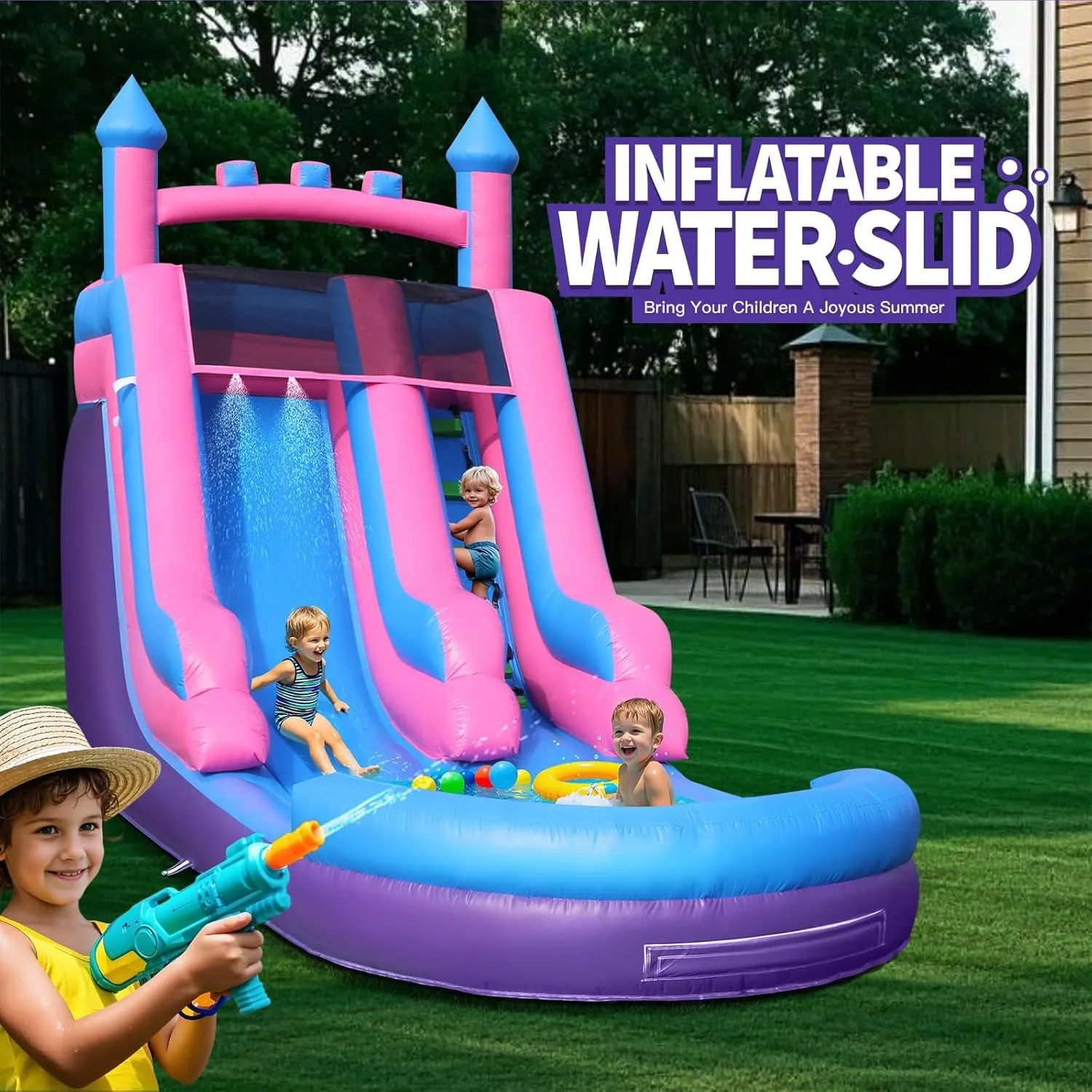 26.2FT Big Commercial Inflatable Grade Water Slide Swimming Pool for Adults, 100% PVC Waterslide with 1100W Blower, Basketball Hoop, Airtight Water Pool, 26.2x9.8x17.4FT, Wet Dry Use, Summer Fun