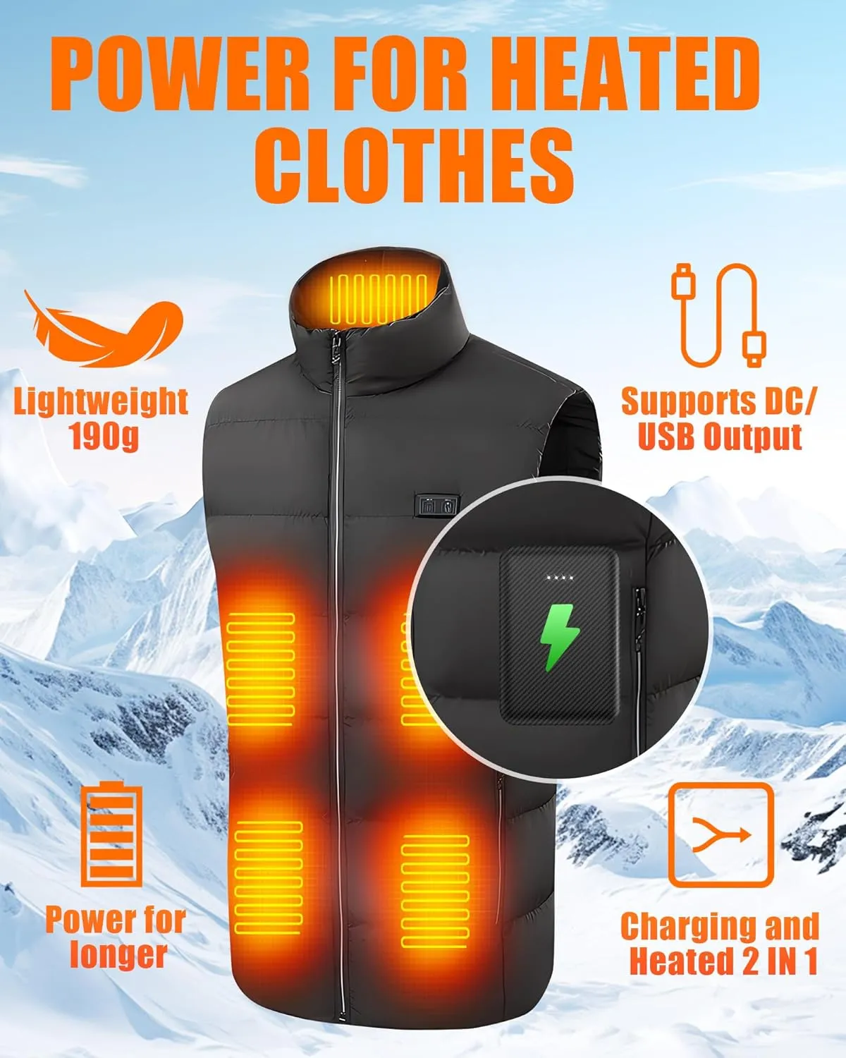 2Pcs 10000mAh Battery Pack for Heated Vest Jacket Coat Pants and Heating Underwear, 5V2A Heated Clothing Replacement Battery Pack