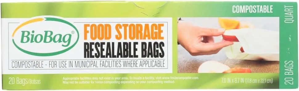 (3 Pack) BioBag Resealable Food Storage Bags, 20 Quart (7 IN x 8.7 IN) Bags per Box (Total 60 Bags)