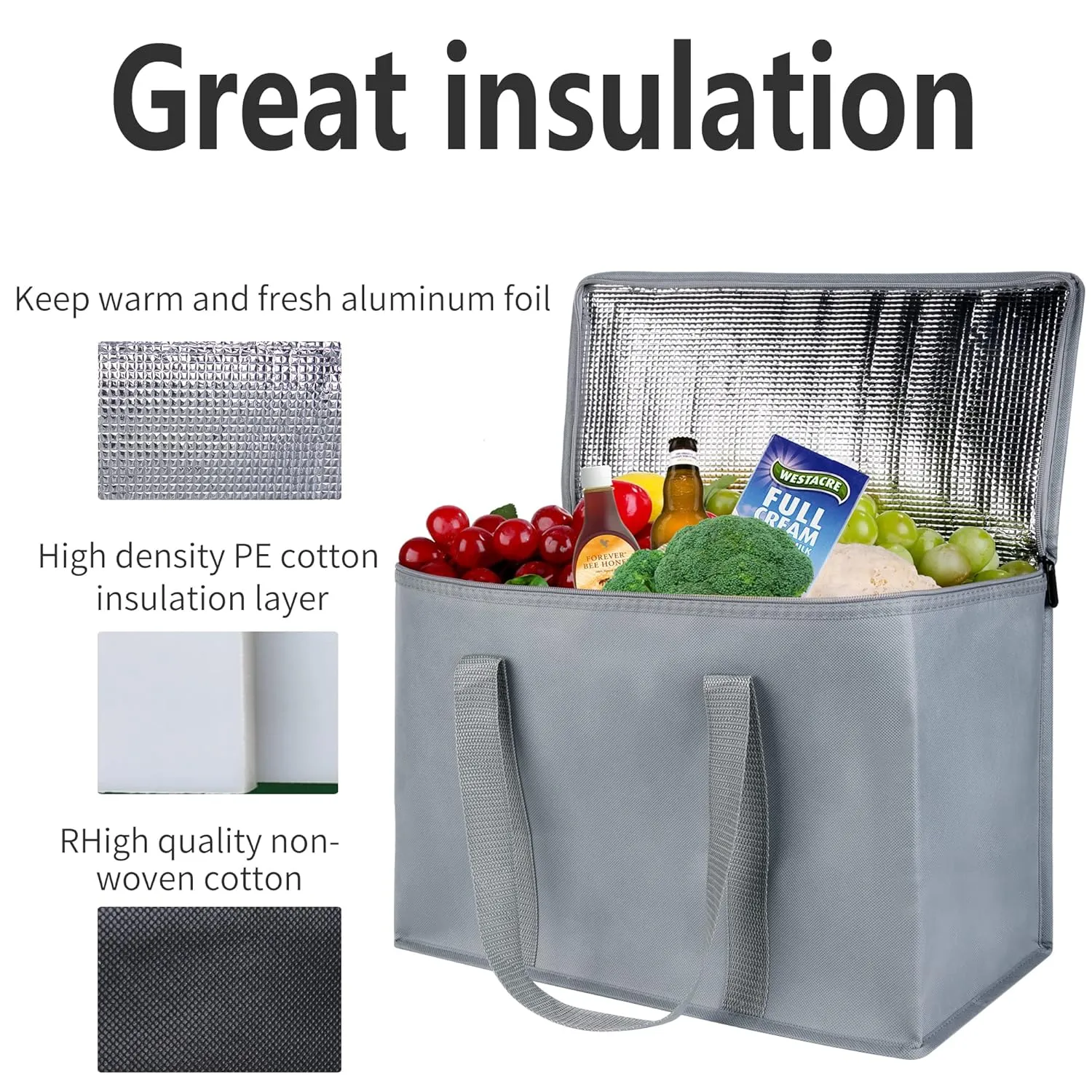 3-Pack XL-Large Insulated Grocery shopping bags, gray, Reusable, Heavy Duty, zipped zipper,Collapsible,tote,cooler,for men,women,,for car,Recycled Material Grey
