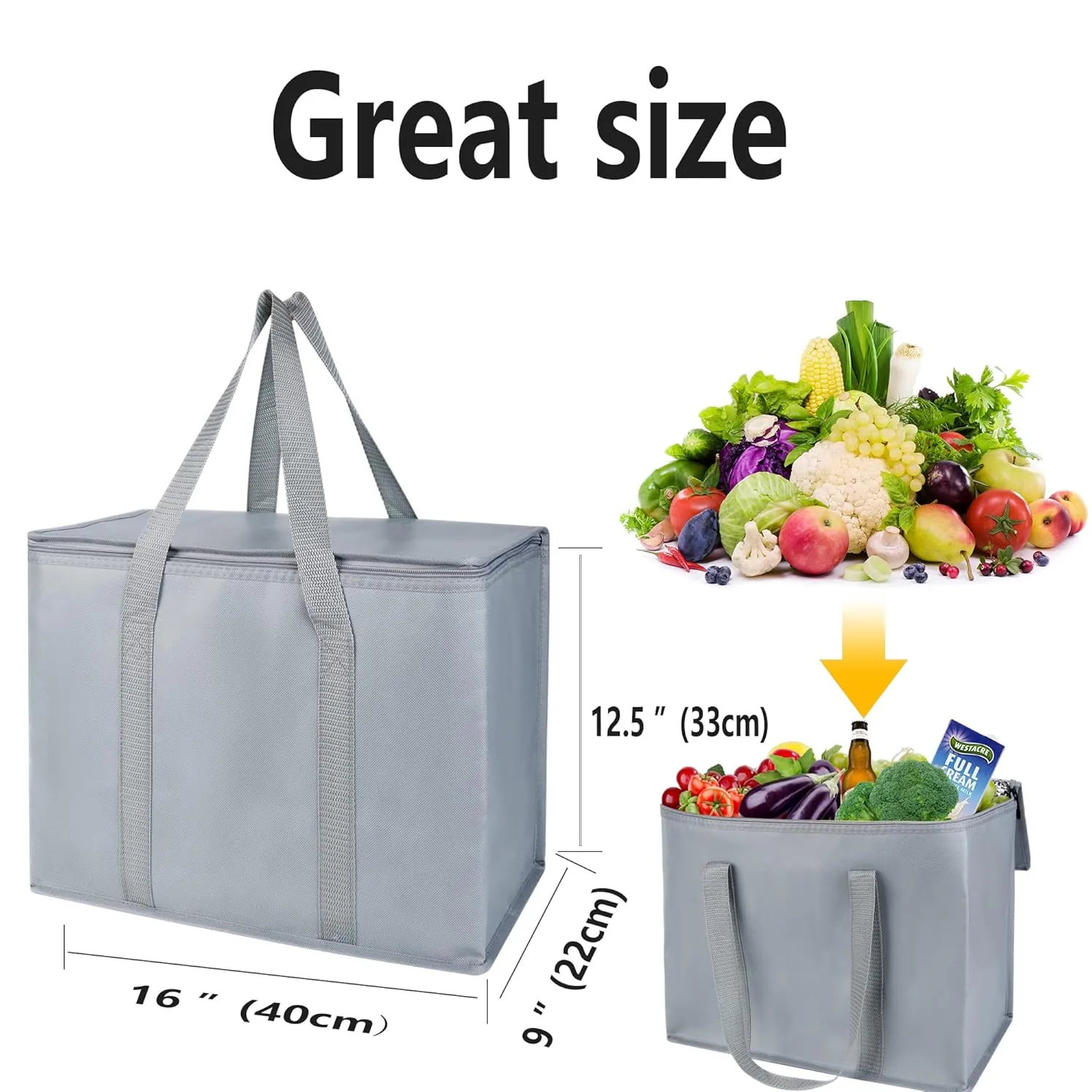 3-Pack XL-Large Insulated Grocery shopping bags, gray, Reusable, Heavy Duty, zipped zipper,Collapsible,tote,cooler,for men,women,,for car,Recycled Material Grey