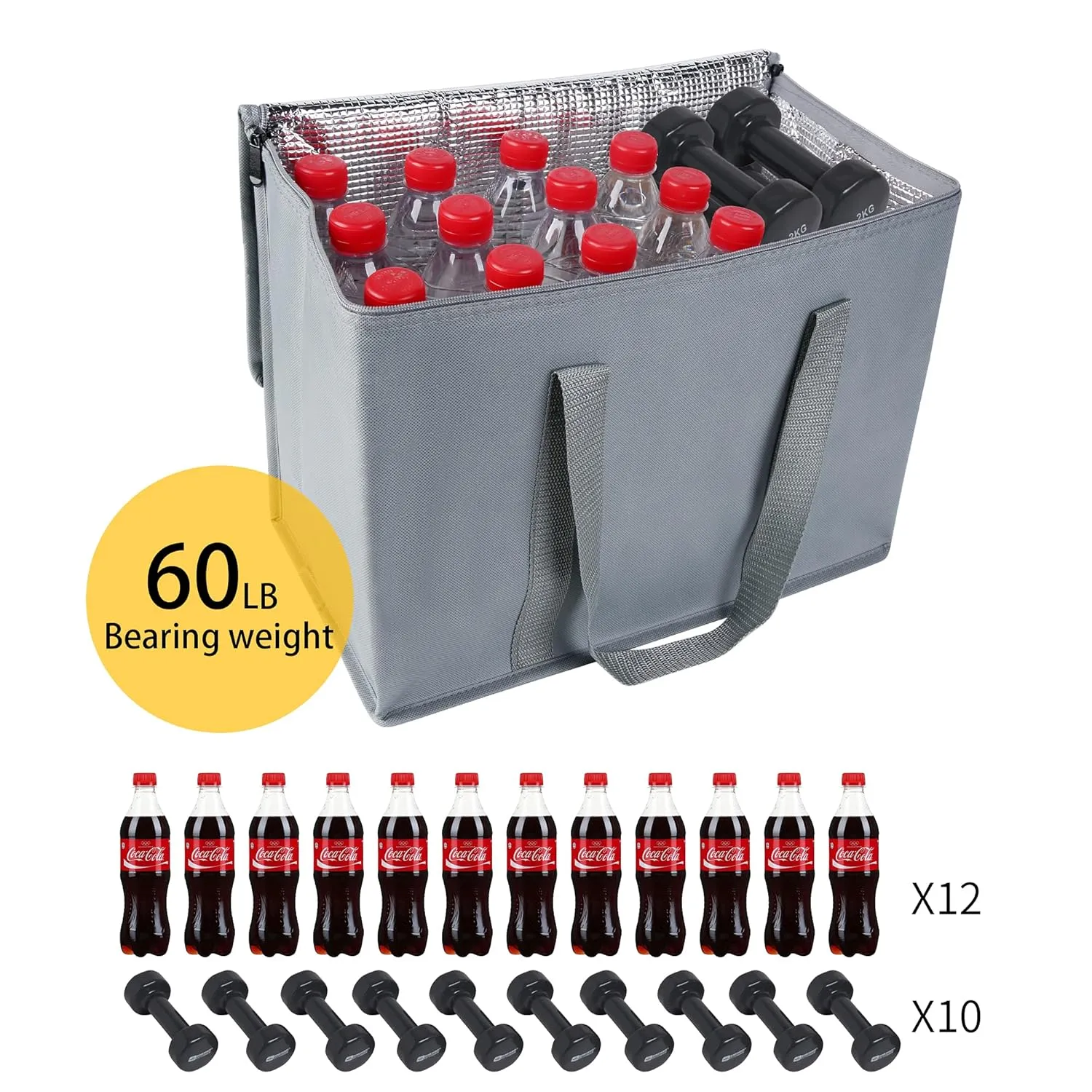 3-Pack XL-Large Insulated Grocery shopping bags, gray, Reusable, Heavy Duty, zipped zipper,Collapsible,tote,cooler,for men,women,,for car,Recycled Material Grey
