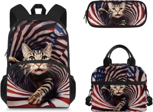 3 Pcs American Flag Funny Cat Book Bag, Lightweight Backpack with Insulated Lunchbox and Pencil Case, 3 in 1 School Bag Set Children Backpack for Festival Gift
