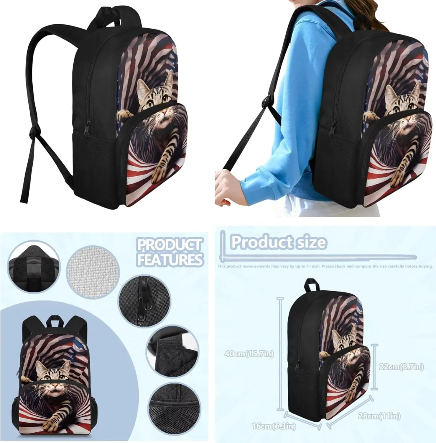 3 Pcs American Flag Funny Cat Book Bag, Lightweight Backpack with Insulated Lunchbox and Pencil Case, 3 in 1 School Bag Set Children Backpack for Festival Gift