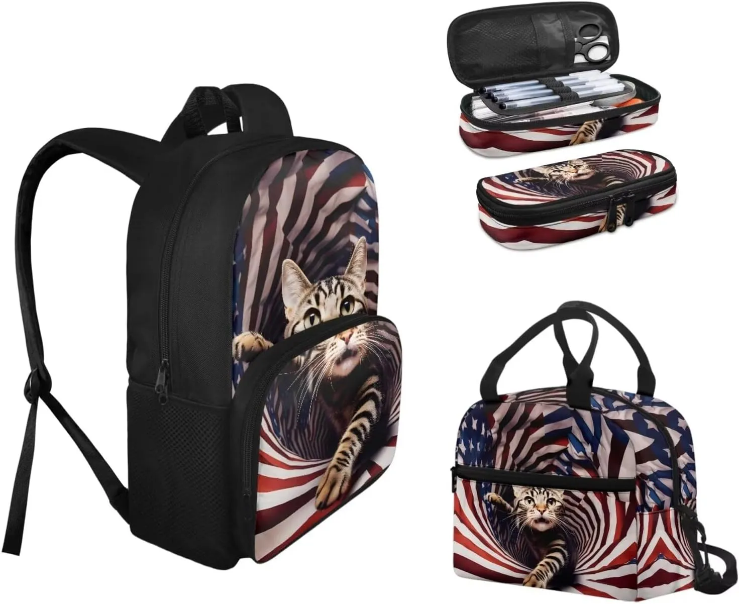 3 Pcs American Flag Funny Cat Book Bag, Lightweight Backpack with Insulated Lunchbox and Pencil Case, 3 in 1 School Bag Set Children Backpack for Festival Gift