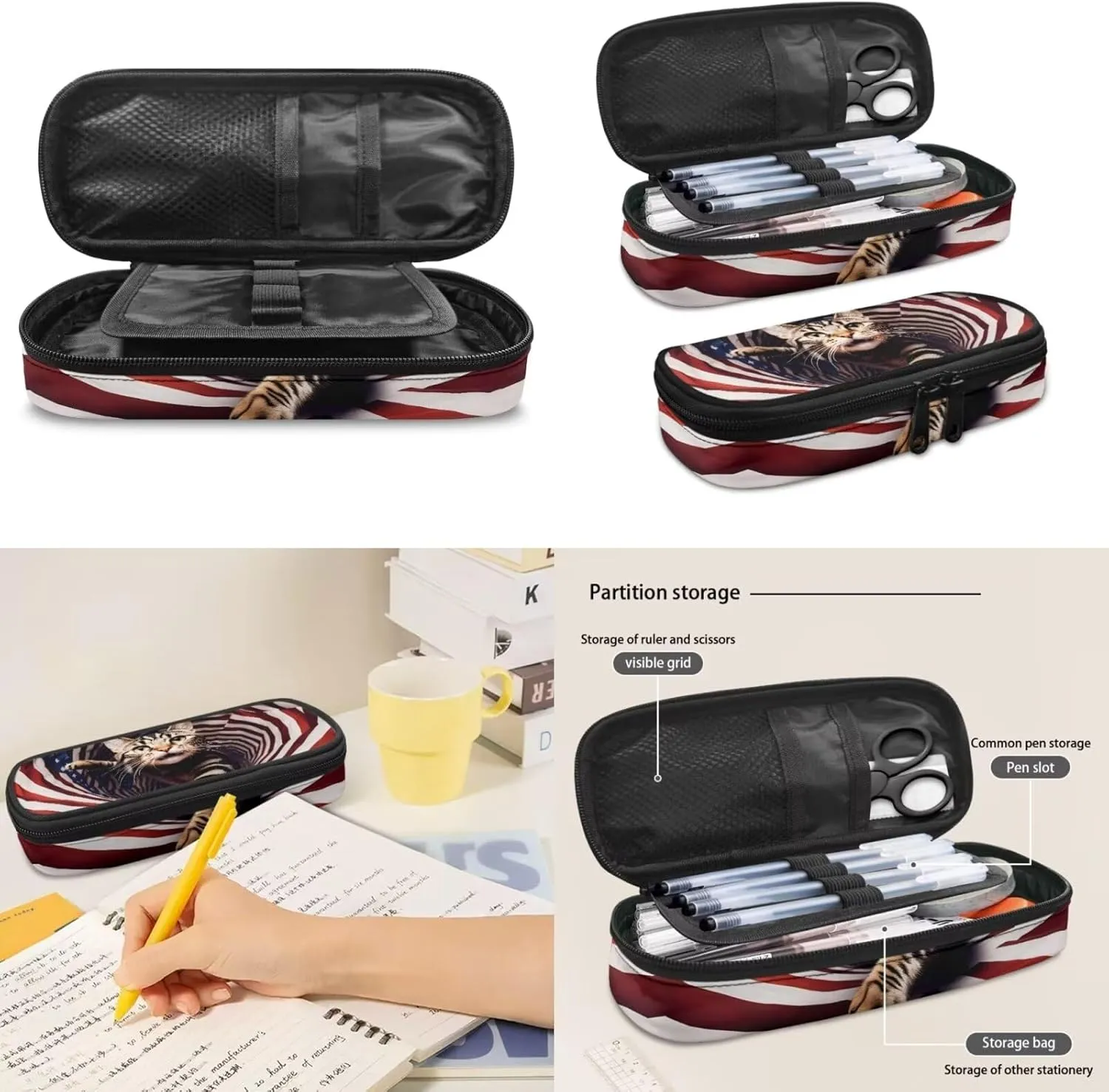 3 Pcs American Flag Funny Cat Book Bag, Lightweight Backpack with Insulated Lunchbox and Pencil Case, 3 in 1 School Bag Set Children Backpack for Festival Gift